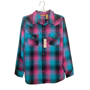 Wrangler Western Snap Shirt Women's Plaid Pink Teal Cowgirl Rodeo NWT Large